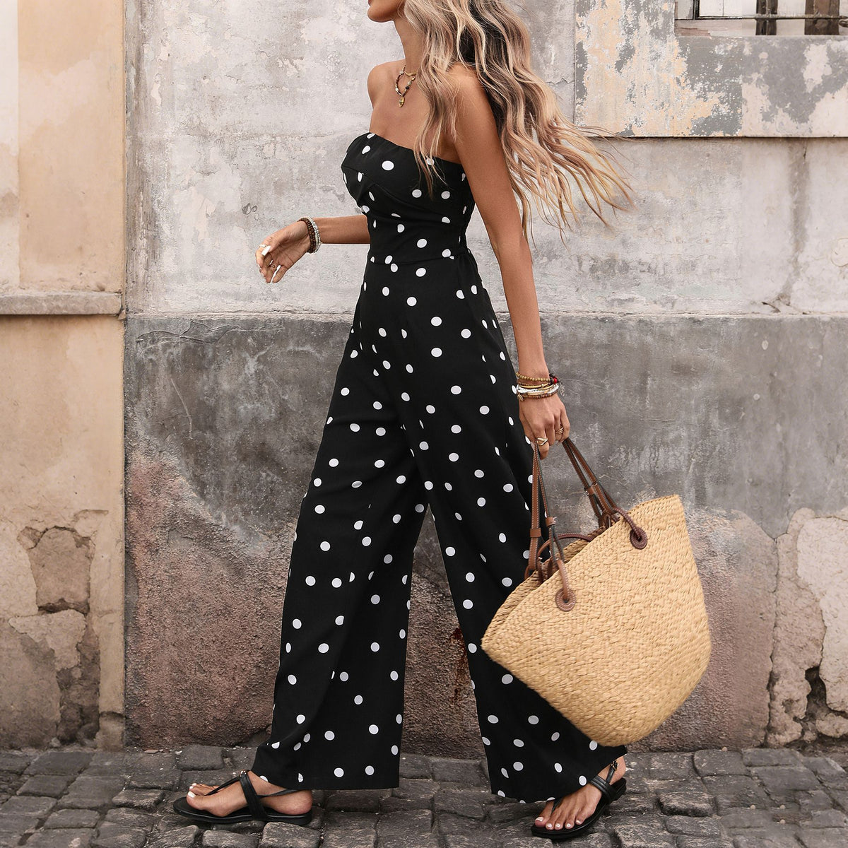 Womens Fashionable Retro Polka-Dot Sleeveless Jumpsuit