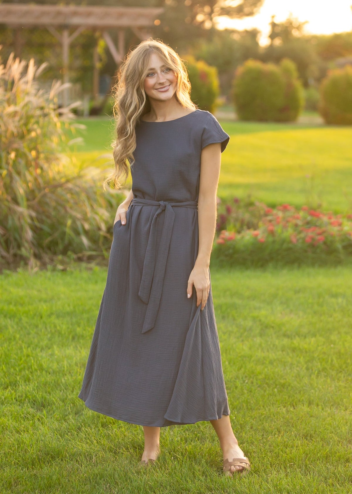 Lily Navy Gauze Belted Midi Dress